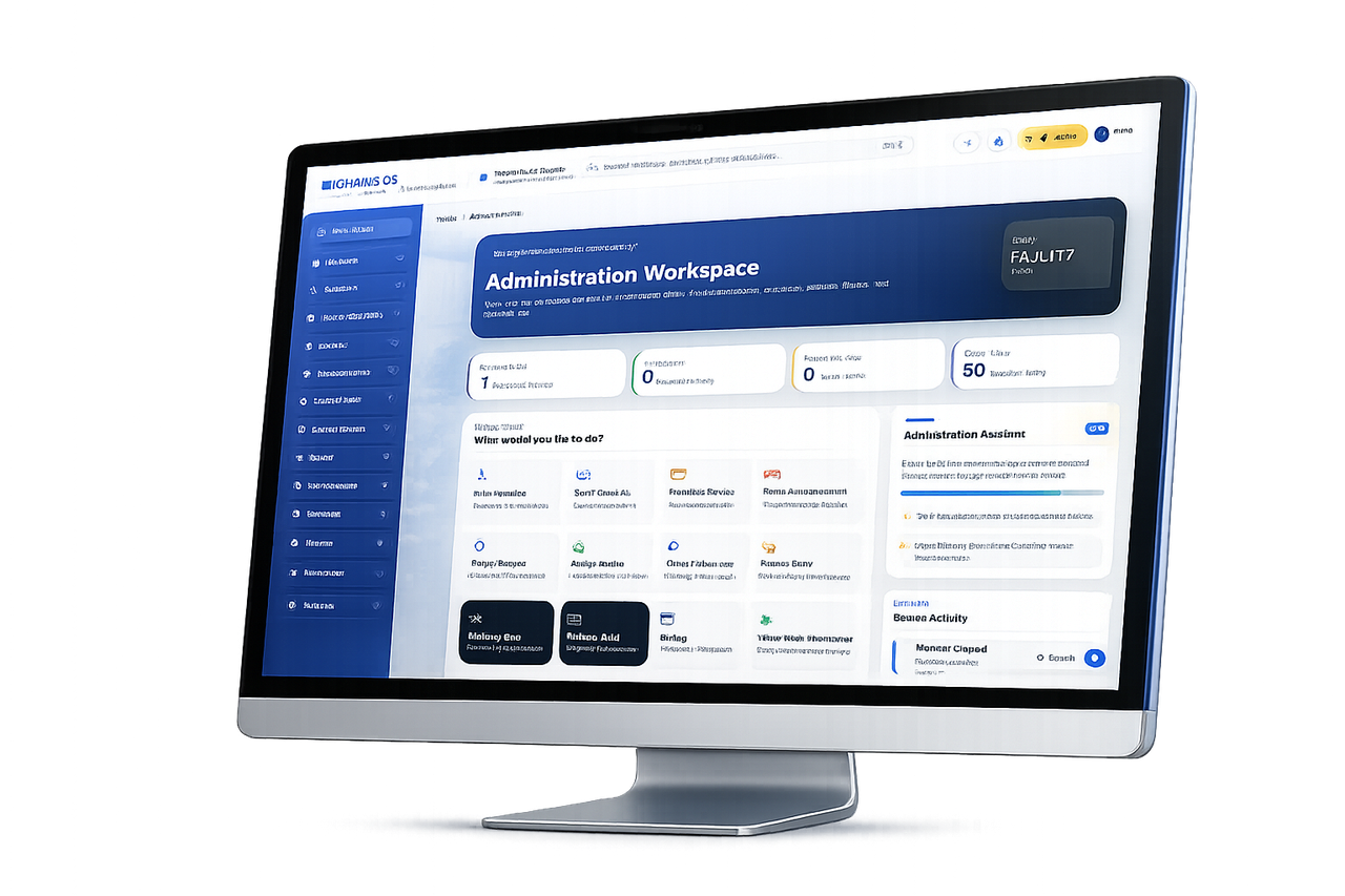 CAAMS OS LIVE administration workspace displayed on a desktop computer