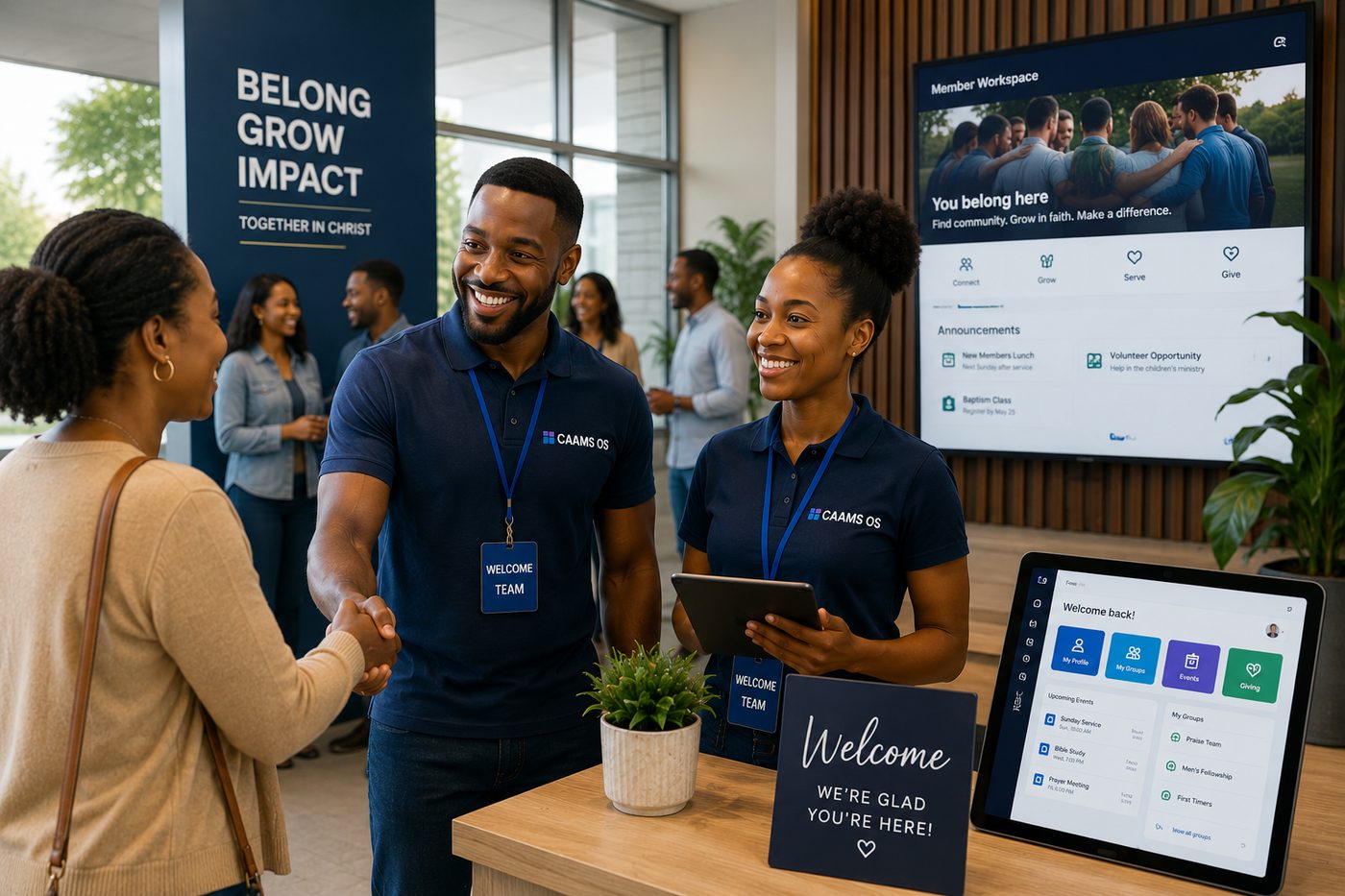 CAAMS OS welcome team greeting a visitor in a modern church member workspace