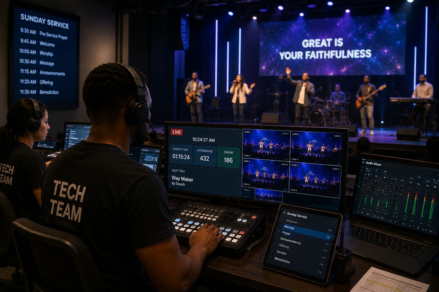 Church production team coordinating Sunday service audio, video, live board and stage operations